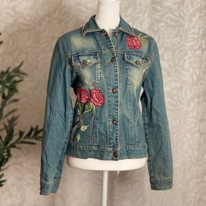 D.D. N.Y. Vintage Embroidered Roses 1908 Rhinestone Denim Jean Jacket Size S